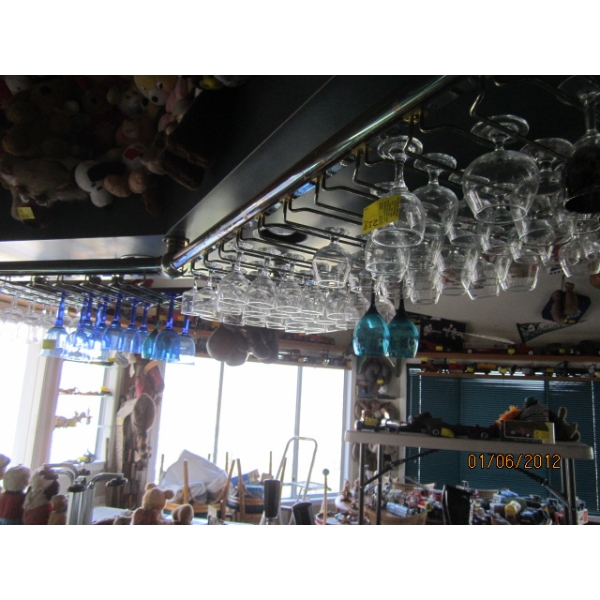 ALL HANGING GLASS ON BAR RACK, MISC. MUGS, CASSETTE PLAYER W/CASSETTES, ETC.