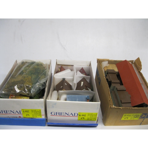 3 BOXES OF MISC. HO SIZE BUILDINGS, LANDSCAPE ITEMS, ETC.