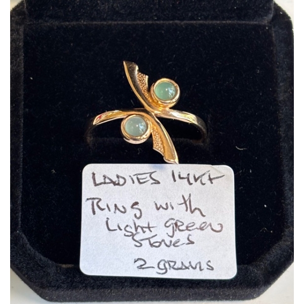 LADIES 14KT RING W/LIGHT GREEN STONES, SZ 9