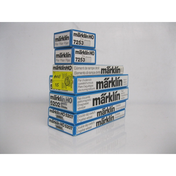 7 BOXES OF MARKLIN HO TRAIN TRACK, SWITCHES, ETC.