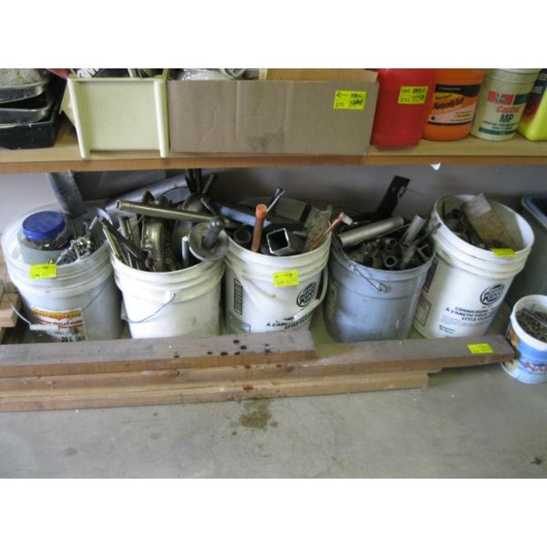 5 BUCKETS OF ASST. ITEMS: READY ROD, STEEL, NUTS/BOLTS, ETC.