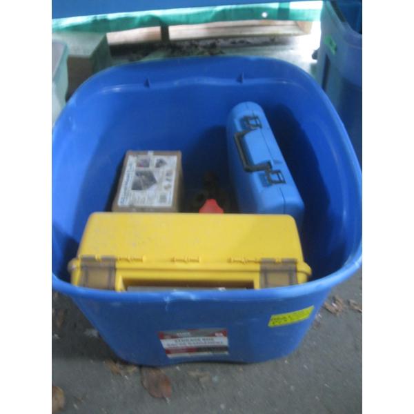 BIN OF MISC. TACKLEBOX, LG. VALVE, TRAILER LOCK, PIPE THREADER