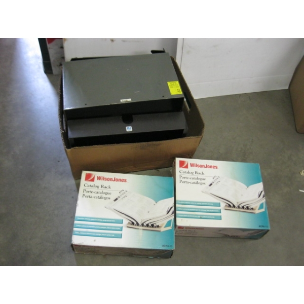 2 NEW CATALOGUE RACK HOLDERS & ASST. METAL FILES