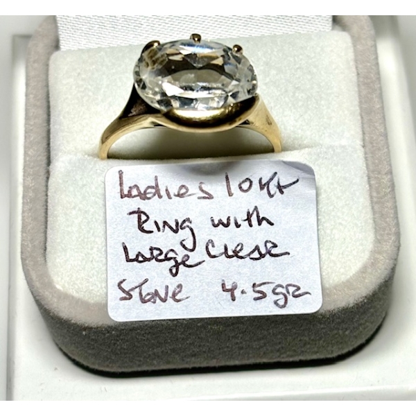 LADIES 10KT RING W/LG. CLEAR STONE, 4.5G, SZ 10 3/4