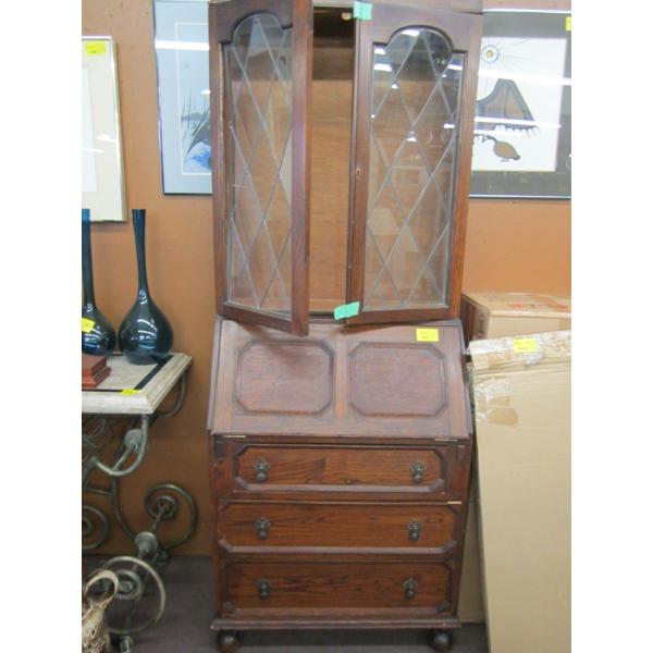 2 PIECE DROP DOWN SECRETARY ANTIQUE DESK W/UPPER SHELF