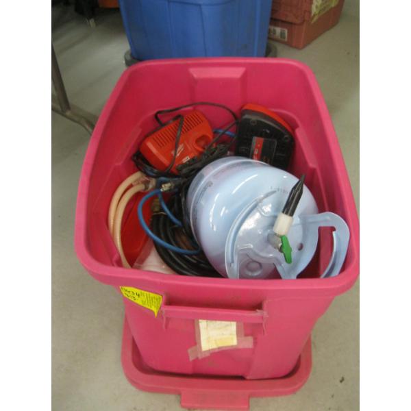 TUB OF MISC. BATTERY CHARGERS, TANK, ETC.