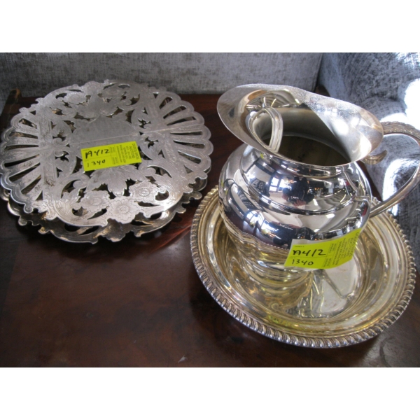 SILVER PLATE STANDS, BOWL & WATER PITCHER