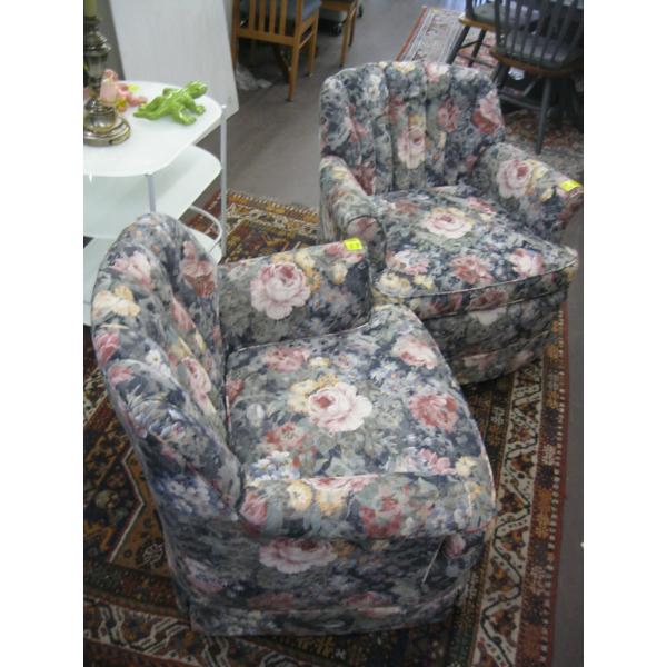 PAIR OF FLORAL CHAIRS ON CASTORS