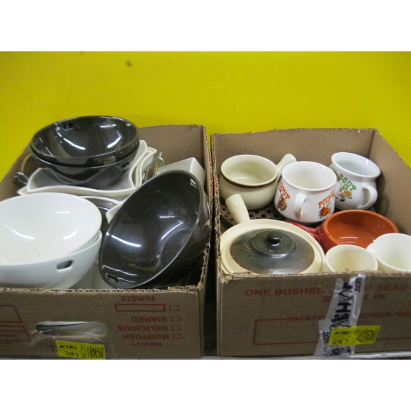 2 BOXES OF MISC. BROWN & WHITE DISHWARE, SOUP BOWLS, ETC.