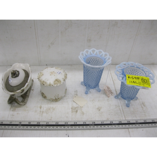 2 FOOTED CADDY BLUE DECORATIVE DISHES & 2 MILK GLASS  LIDDED DISHES