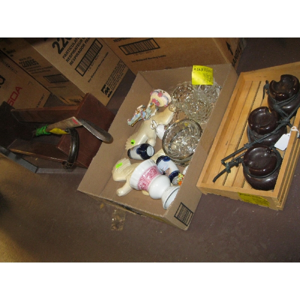 MISC. COLLECTABLES, INSULATORS, SM. WALL SHELF, CANE, ETC.