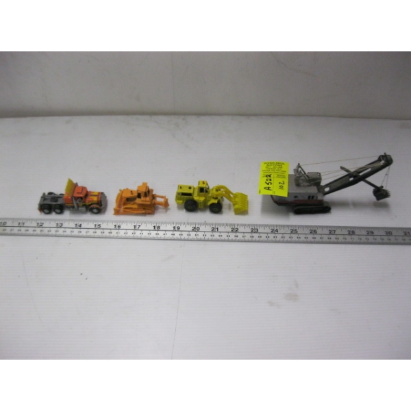 4 DIECAST ITEMS - 2 LOADERS, A SCOOP SHOVEL & A SEMI TRUCK