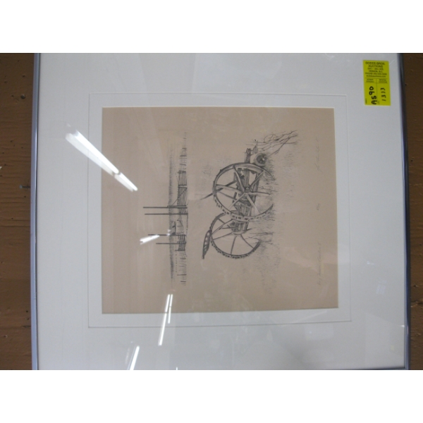 FRAMED NUMBERED PRINT OF HAY MOWER, SIGNED