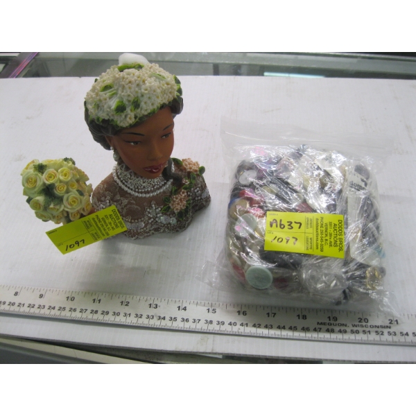 BAG OF BUTTONS & UNIQUE CANDLEHOLDER