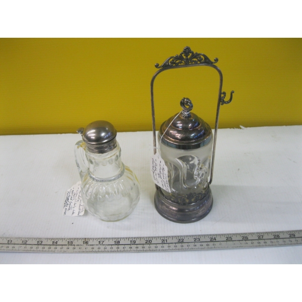 VICTORIAN PICKLE JAR W/FROSTED PANELS & A SYRUP JUG