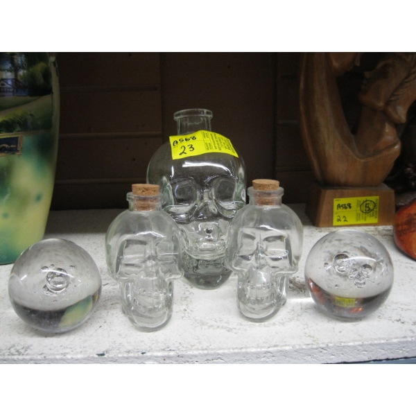 GLASS SKULLS & 2 GLASS PAPERWEIGHTS