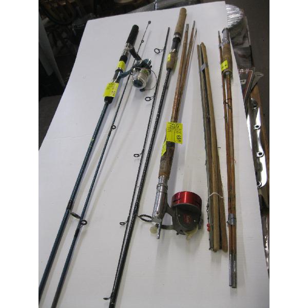 CANE FISHING RODS, VINTAGE FISHING POLE, 2 SPINNING RODS (1 W/BROKEN TIP) & A SPINNING REEL