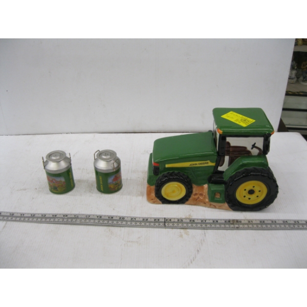 JOHN DEERE COOKIE JAR & S&P SHAKER TINS