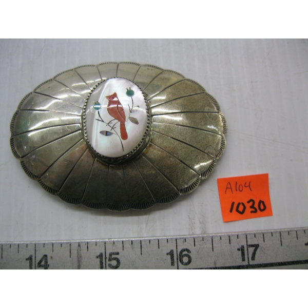 NAVAJO BELT BUCKLE W/RED CARDINAL PAINTED STONE