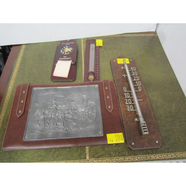 LEATHER BACKED ITEMS - WRITING PAD, RAIN MEASURE, THERMOMETER, ETC.