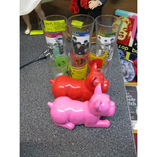 BEATLES MUGS, SHOTGLASSES, BULLDOGS