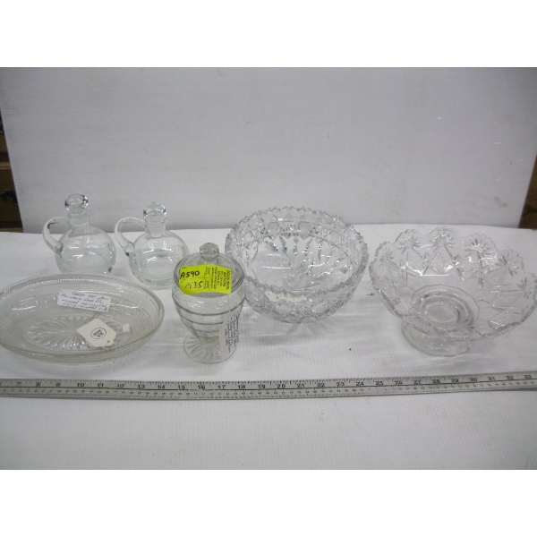 6 PIECES OF VINTAGE GLASSWARE - CRYSTAL BOWL, LIDDED DISH, SM. DECANTERS, ETC.
