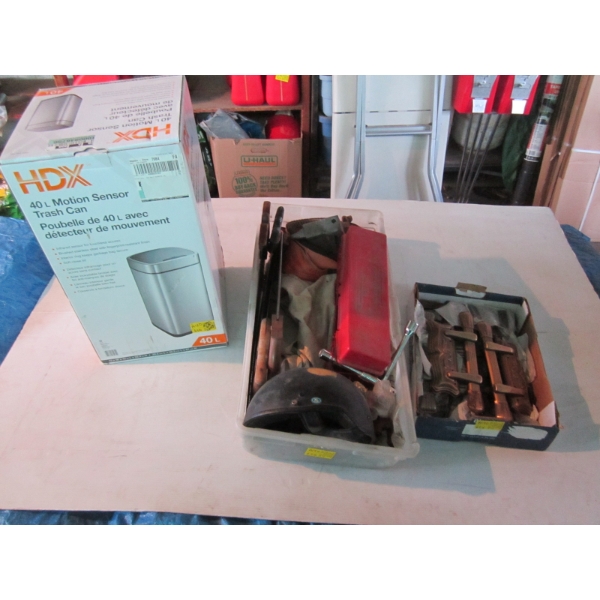 MOTION SENSOR TRASH CAN  - MISSING BATTERY COVER, & 2 BOXES MISC. SAWS, REFLECTORS, ETC.