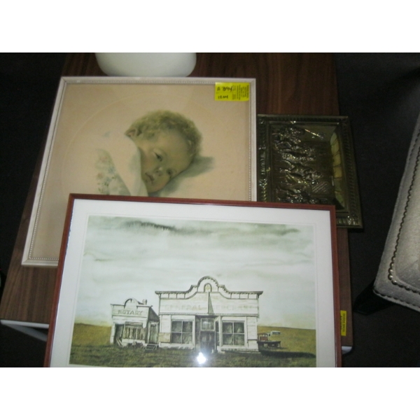 2 PICTURES & BRASS WALL HANGING