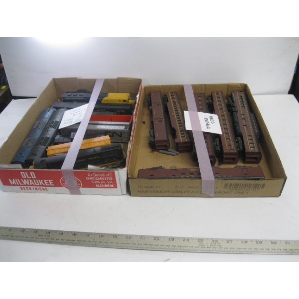 2 BOXES OF "AS IS" TRAIN CARS & ENGINES