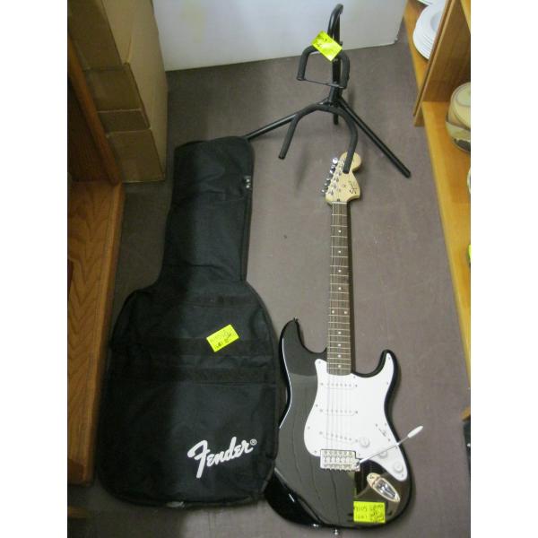FENDER SQUIRE STRAT ELECTRIC GUITAR W/CASE, TUNER & HEADPHONES
