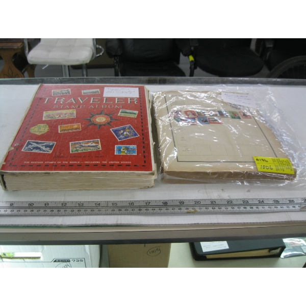 80 YEAR OLD STAMP ALBUM - POOR SHAPE, APPROX 1800 STAMPS & A TRAVELER'S STAMP ALBUM