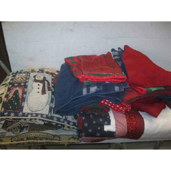 BAG W/ASST. CHRISTMAS QUILTS, TOWELS, PILLOWS, ETC.