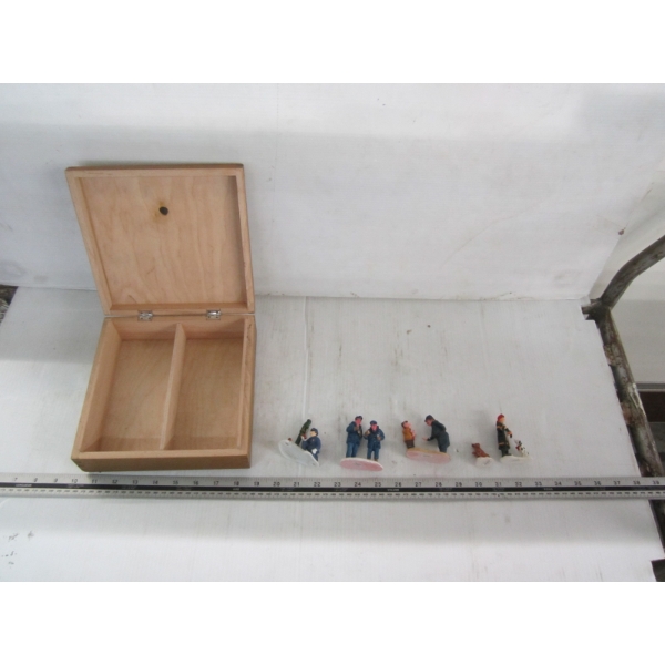 WOODEN BOX W/ASST. SMALL FIGURINES - 1 IS BROKEN