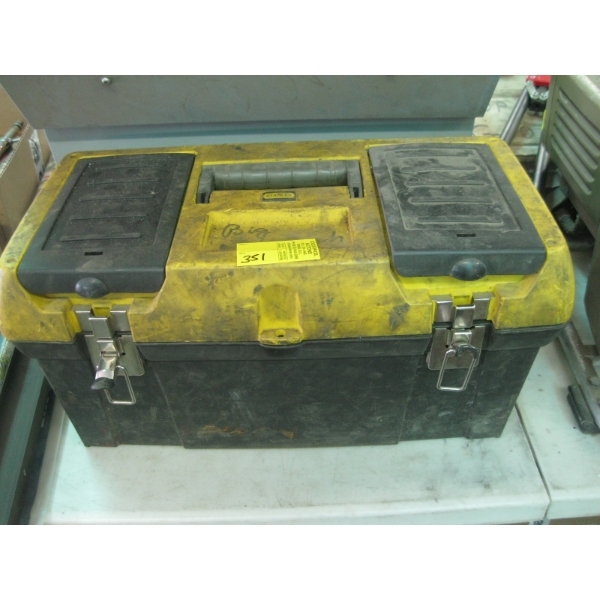 YELLOW & BLACK STANLEY TOOLBOX W/MISC. SOCKETS, WRENCHES, ETC.