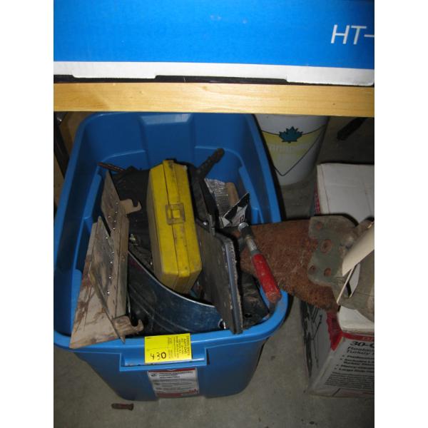 PLASTIC BIN W/ASST. SAWS, CLAMPS, MISC. TOOLS, ETC.
