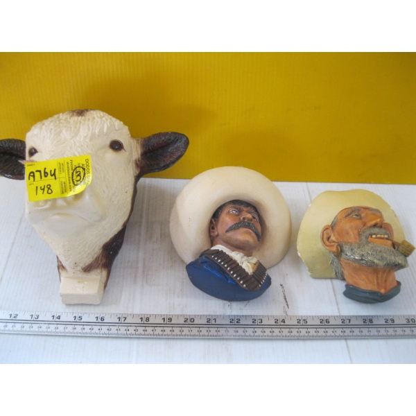 3 CHALKWARE FIGURINES  - 2 BOSEN HEADS & COW HEAD