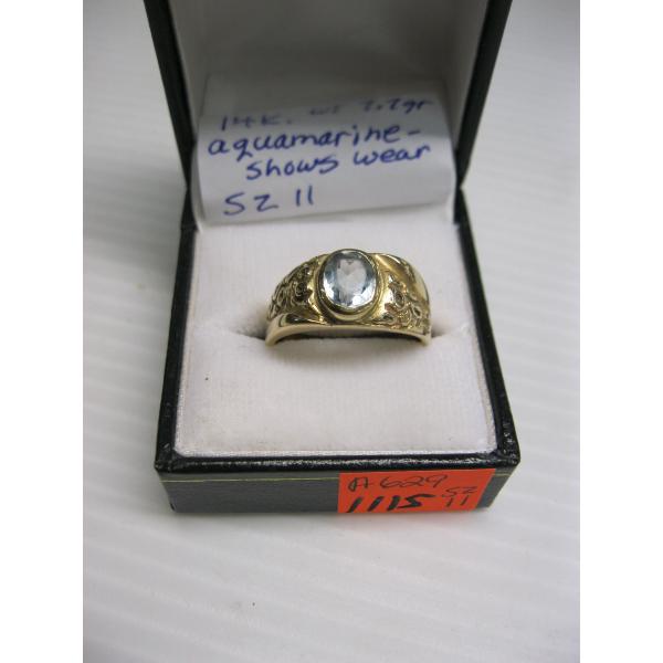 14KT RING W/AQUAMARINE STONE, 7.7G, SZ 11