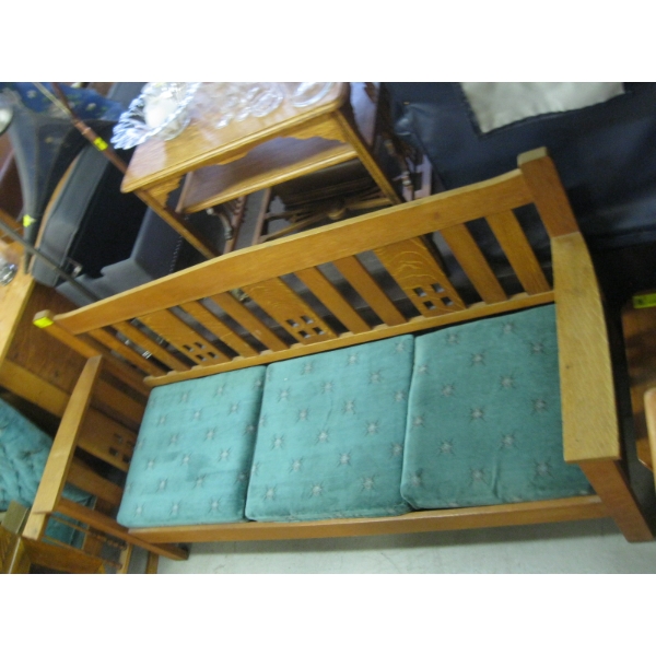 OAK FRAMED SOFA W/GREEN CUSHIONS