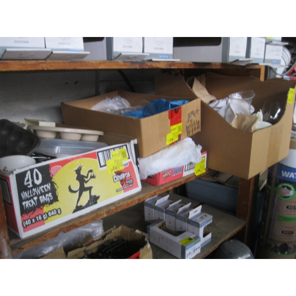 4 BOXES OF MISC. DISHES, GLASSWARE, TABLECLOTHS, ETC.