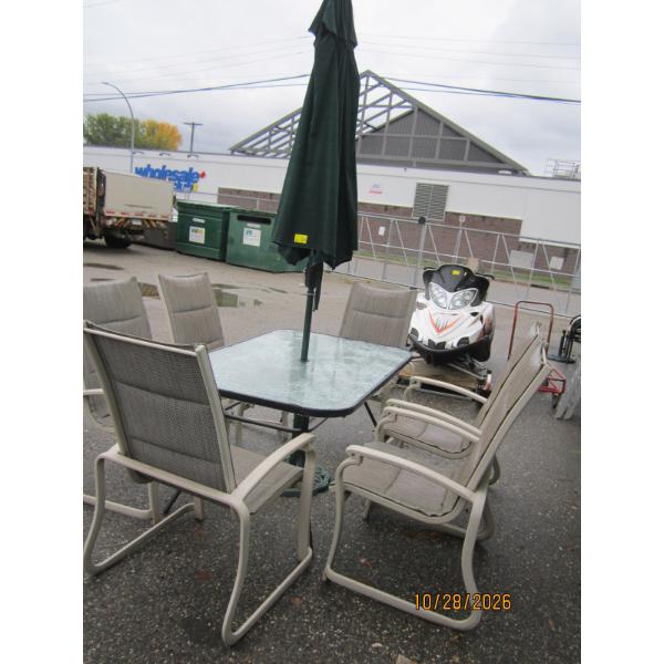 PATIO TABLE, CHAIRS, UMBRELLA  & UMBRELLA STAND