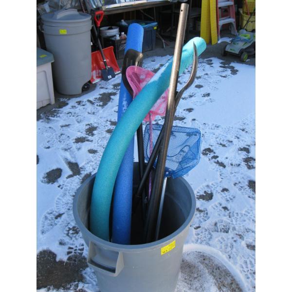 GARBAGE CAN W/ASST. PLASTIC OARS, FOAMIES, ETC.