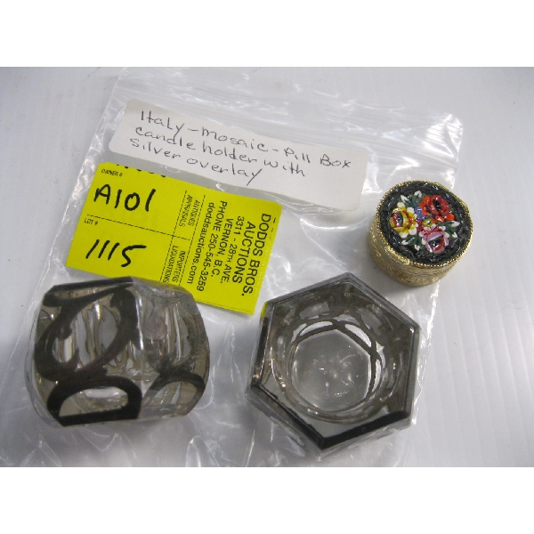 HOLLY MOSAIC PILLBOX & CANDLE HOLDERS W/SILVER OVERLAY