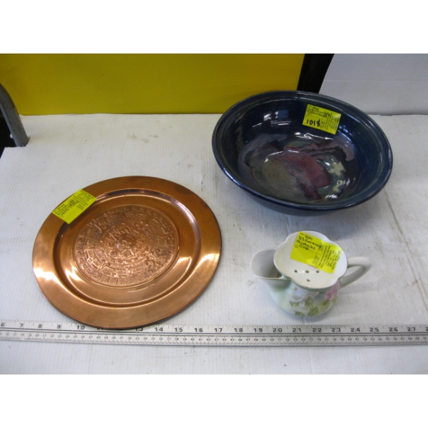 MUSTACHE CUP, POTTERY BOWL & A COPPER PLATE