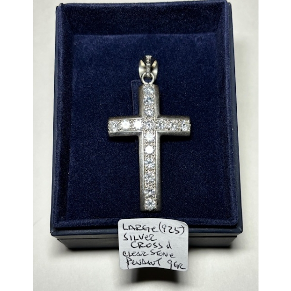 LG. .925 SILVER CROSS & CLEAR STONE PENDANT, 9G