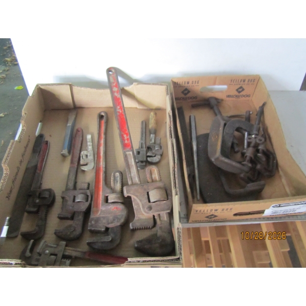 2 BOXES MISC. VINTAGE C CLAMPS, PIPE WRENCHES, ETC.