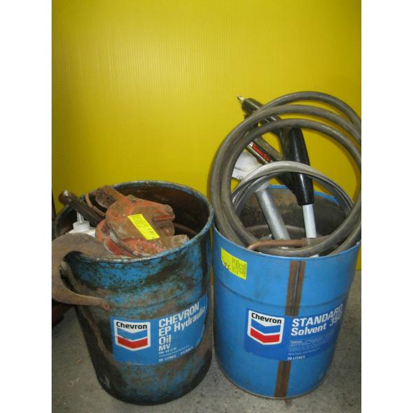 2 METAL BUCKETS W/ASST. TOOLS, CHAIN, ETC.