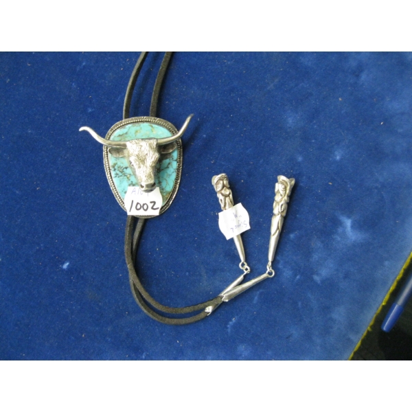 SILVER & TURQUOISE BOLO TIE, SIGNED M