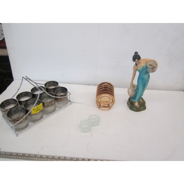 STATUE, METAL COASTERS IN HOLDERS, CUPS, ETC.