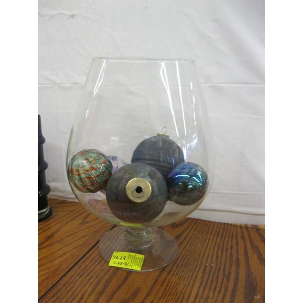 LG. GLASS FISHBOWL W/ASST. FLOATS & DECORATIONS