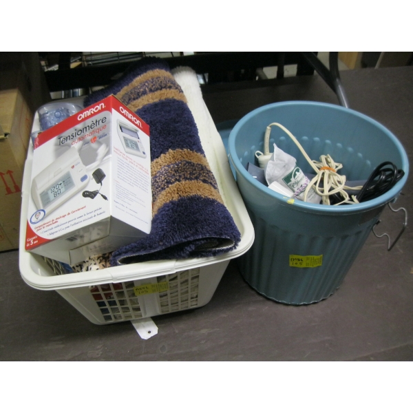 2 CONTAINERS OF MISC. TOWELS, FLOOR MATS, BLOW DRYER, BP MONITOR, ETC.